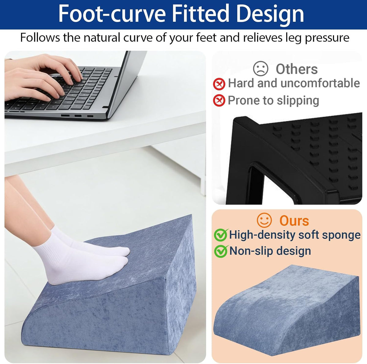 Foot Rest for Under Desk at Work, Ergonomic Under Desk Footrest with Washable Cover for Office, Home & Gaming Leg Elevation Pillow Blue