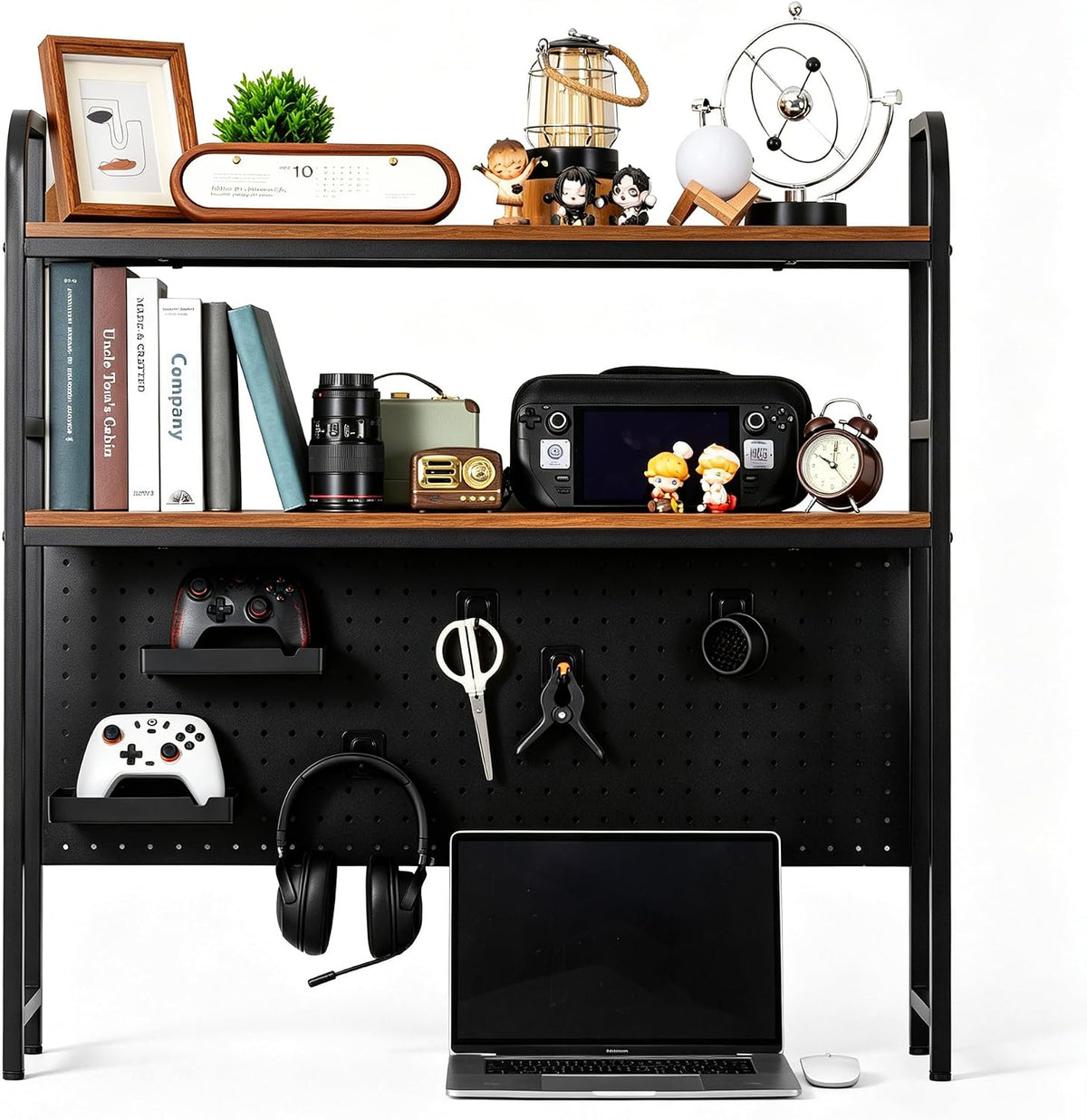 deli Desktop Shelf, Desk Hutch with Metal Pegboard, Black