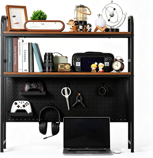 deli Desktop Shelf, Desk Hutch with Metal Pegboard, Black