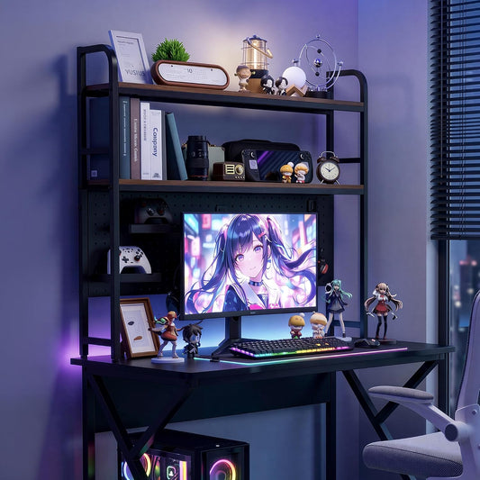 deli Desktop Shelf, Desk Hutch with Metal Pegboard, Black