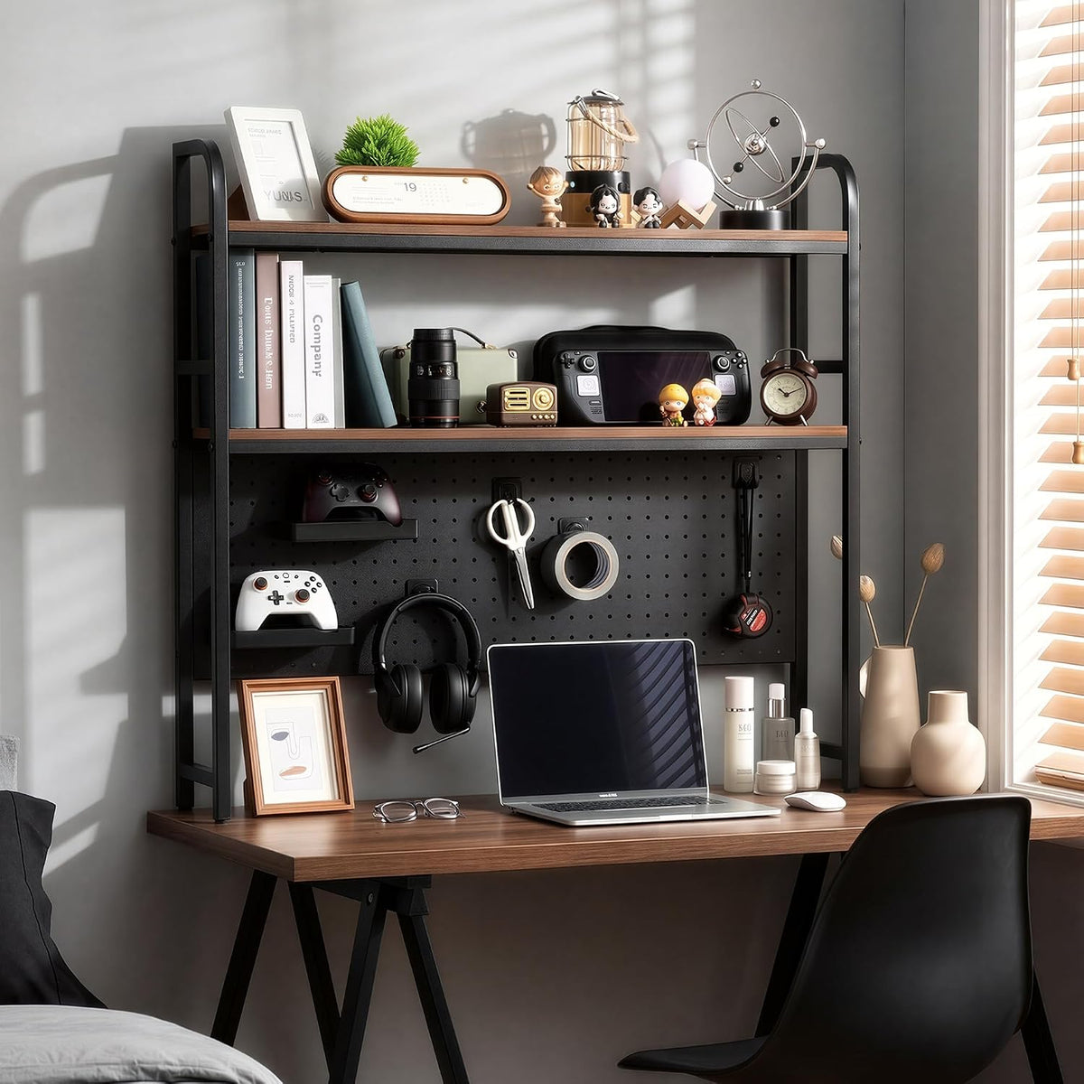 deli Desktop Shelf, Desk Hutch with Metal Pegboard, Black