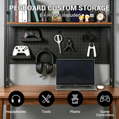 deli Desktop Shelf, Desk Hutch with Metal Pegboard, Black