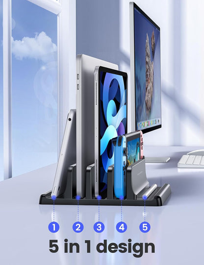 3-Slot Vertical Laptop Stand Organizer, Laptop Storage Holder Made of Premium ABS Plastics 5 in 1 Design,Desktop Space-Saving Adjustable Desk Organizer for All MacBook/Chromebook/Surface
