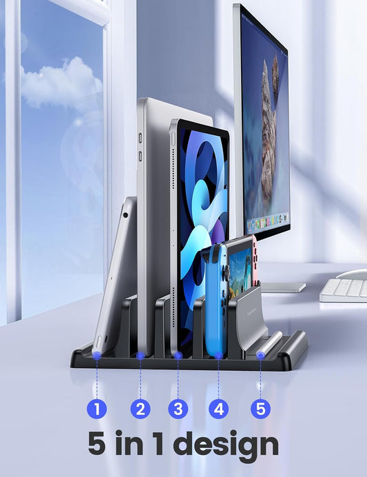 3-Slot Vertical Laptop Stand Organizer, Laptop Storage Holder Made of Premium ABS Plastics 5 in 1 Design,Desktop Space-Saving Adjustable Desk Organizer for All MacBook/Chromebook/Surface