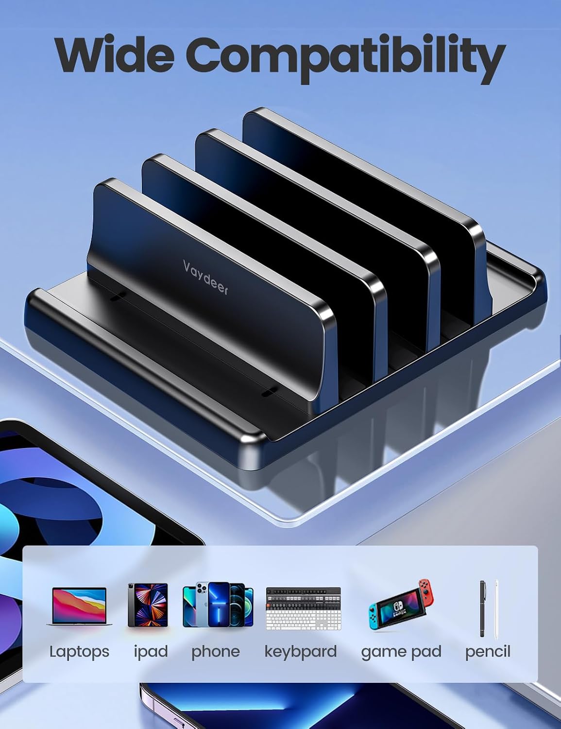 3-Slot Vertical Laptop Stand Organizer, Laptop Storage Holder Made of Premium ABS Plastics 5 in 1 Design,Desktop Space-Saving Adjustable Desk Organizer for All MacBook/Chromebook/Surface