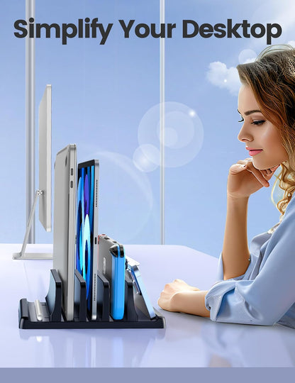 3-Slot Vertical Laptop Stand Organizer, Laptop Storage Holder Made of Premium ABS Plastics 5 in 1 Design,Desktop Space-Saving Adjustable Desk Organizer for All MacBook/Chromebook/Surface