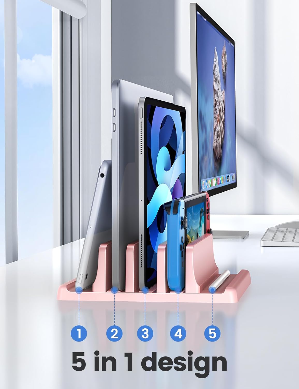 3-Slot Vertical Laptop Stand Organizer, Laptop Storage Holder Made of Premium ABS Plastics 5 in 1 Design,Desktop Space-Saving Adjustable Desk Organizer for All MacBook/Chromebook/Surface