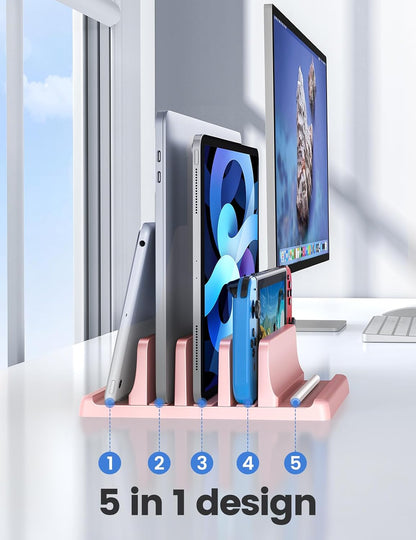 3-Slot Vertical Laptop Stand Organizer, Laptop Storage Holder Made of Premium ABS Plastics 5 in 1 Design,Desktop Space-Saving Adjustable Desk Organizer for All MacBook/Chromebook/Surface