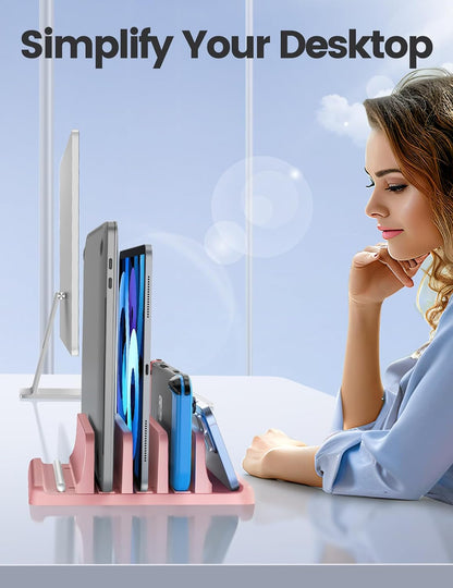 3-Slot Vertical Laptop Stand Organizer, Laptop Storage Holder Made of Premium ABS Plastics 5 in 1 Design,Desktop Space-Saving Adjustable Desk Organizer for All MacBook/Chromebook/Surface