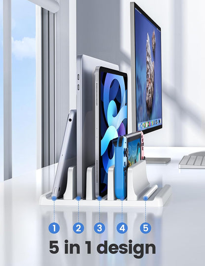 3-Slot Vertical Laptop Stand Organizer, Laptop Storage Holder Made of Premium ABS Plastics 5 in 1 Design,Desktop Space-Saving Adjustable Desk Organizer for All MacBook/Chromebook/Surface