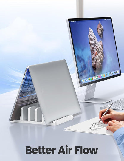 3-Slot Vertical Laptop Stand Organizer, Laptop Storage Holder Made of Premium ABS Plastics 5 in 1 Design,Desktop Space-Saving Adjustable Desk Organizer for All MacBook/Chromebook/Surface