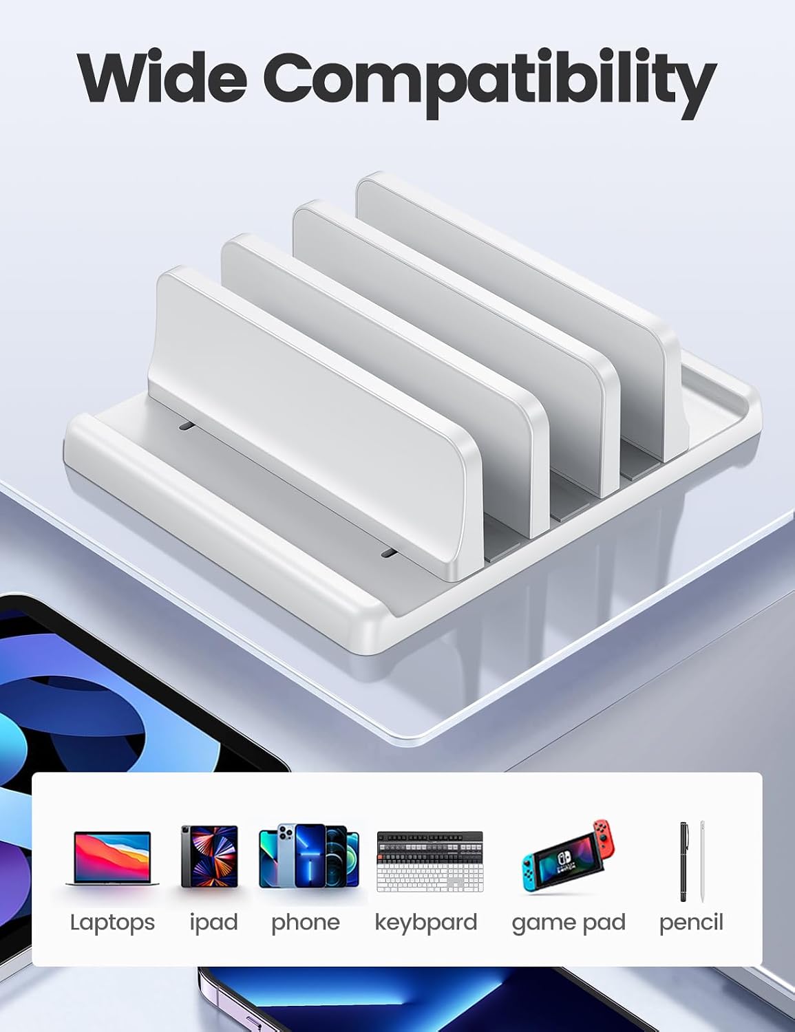 3-Slot Vertical Laptop Stand Organizer, Laptop Storage Holder Made of Premium ABS Plastics 5 in 1 Design,Desktop Space-Saving Adjustable Desk Organizer for All MacBook/Chromebook/Surface