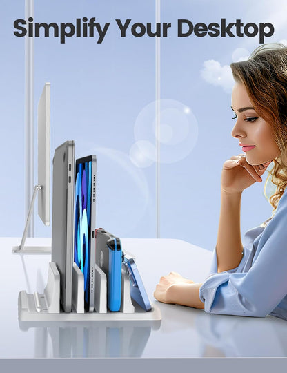 3-Slot Vertical Laptop Stand Organizer, Laptop Storage Holder Made of Premium ABS Plastics 5 in 1 Design,Desktop Space-Saving Adjustable Desk Organizer for All MacBook/Chromebook/Surface