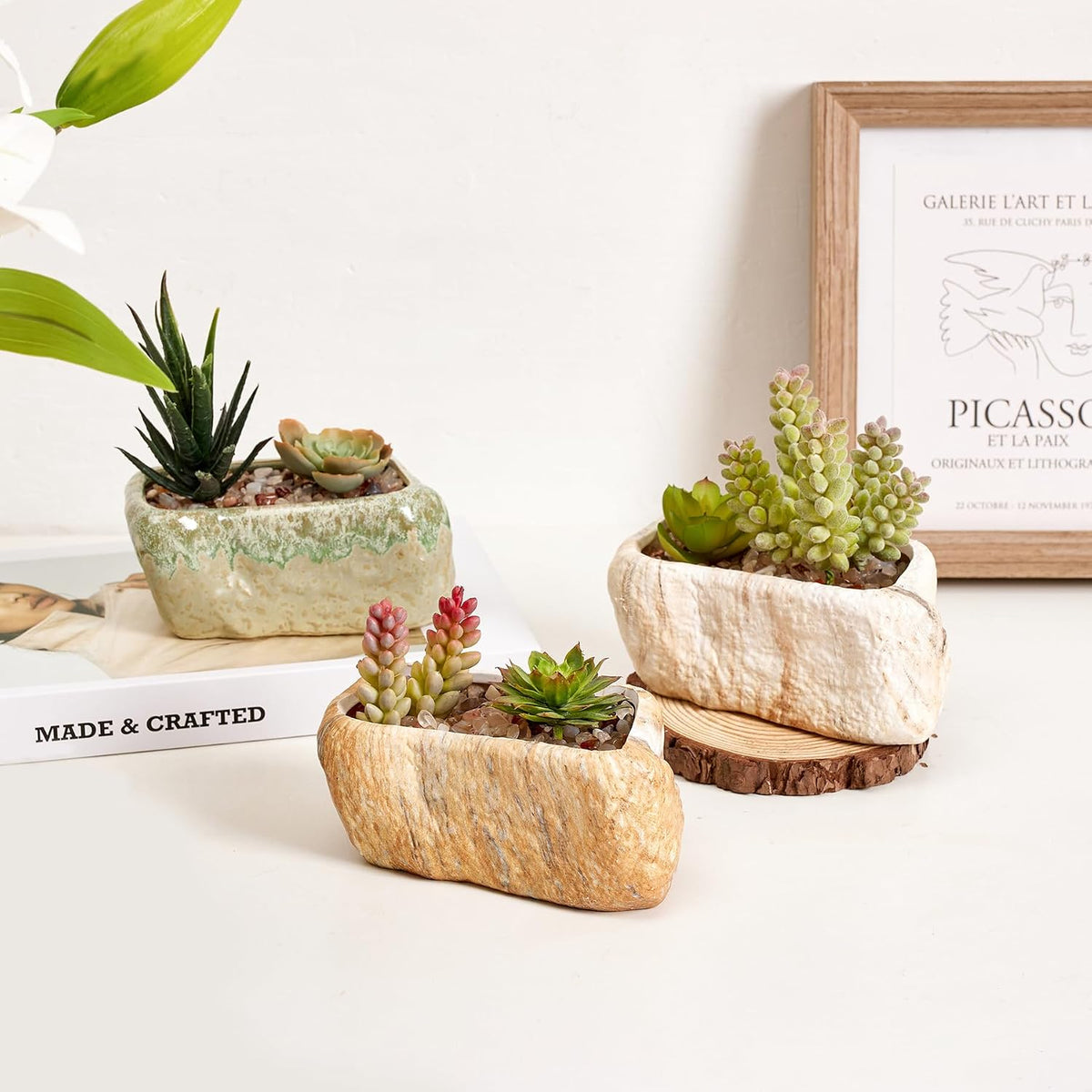 5.5 Inch Ceramic Succulent Pot Planter with Drainage Hole Set of 3, Stone Shape Rectangle Window Box Cactus Plant Containers Gift for Mom Sister Aunt Best for Home Office Table Desk Decoration