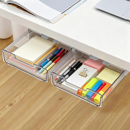Under Desk Storage Drawers Large Self-Adhesive Easy Hidden Desktop Organizer, Attachable Clear Acrylic Storage Tray Under Table Drawer for Home Office School Counters Workstation, 2 Pack