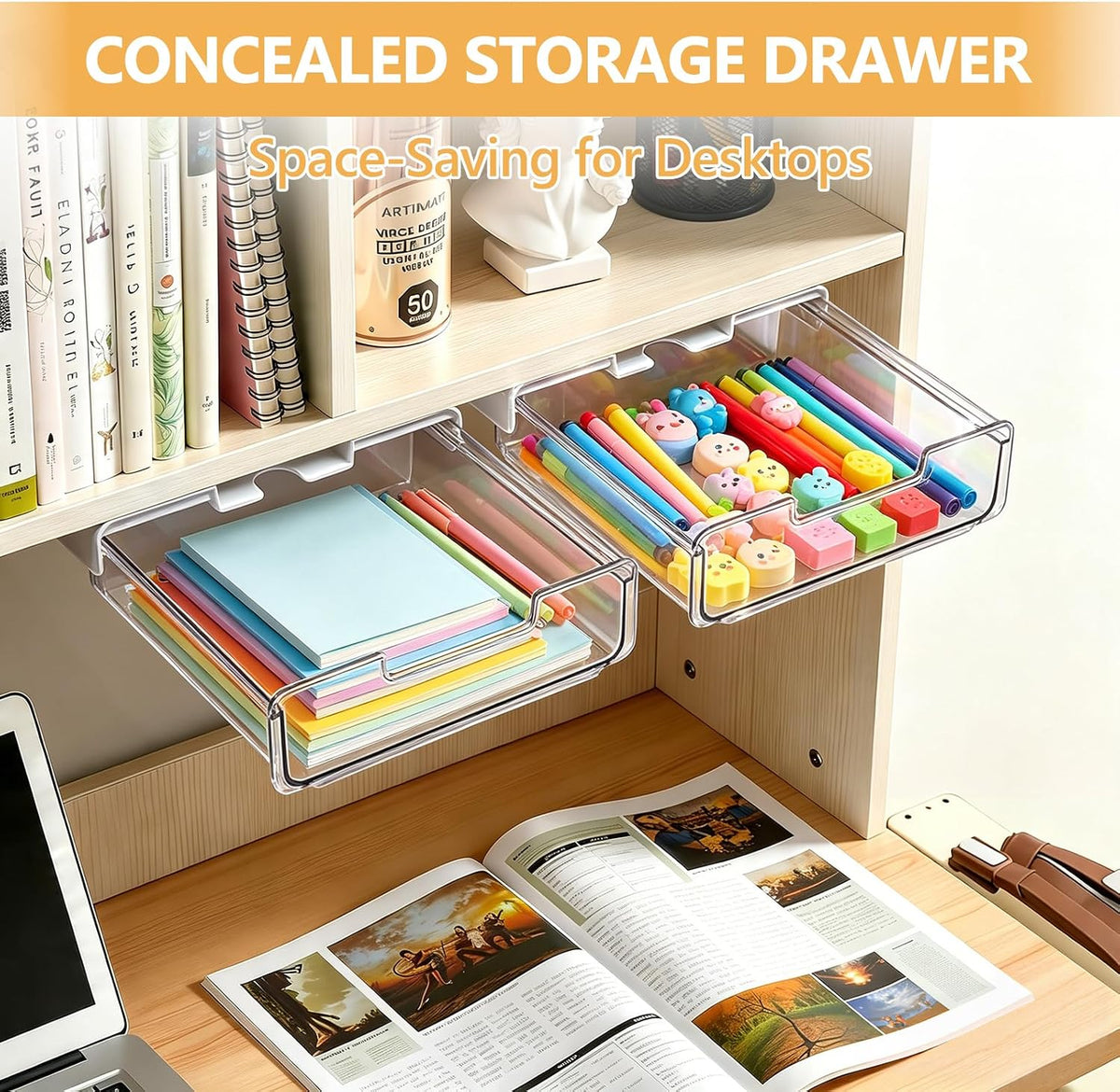 Under Desk Storage Drawers Large Self-Adhesive Easy Hidden Desktop Organizer, Attachable Clear Acrylic Storage Tray Under Table Drawer for Home Office School Counters Workstation, 2 Pack