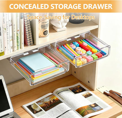 Under Desk Storage Drawers Large Self-Adhesive Easy Hidden Desktop Organizer, Attachable Clear Acrylic Storage Tray Under Table Drawer for Home Office School Counters Workstation, 2 Pack
