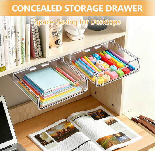 Under Desk Storage Drawers Large Self-Adhesive Easy Hidden Desktop Organizer, Attachable Clear Acrylic Storage Tray Under Table Drawer for Home Office School Counters Workstation, 2 Pack