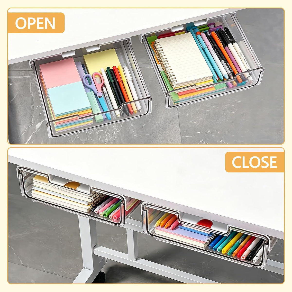 Under Desk Storage Drawers Large Self-Adhesive Easy Hidden Desktop Organizer, Attachable Clear Acrylic Storage Tray Under Table Drawer for Home Office School Counters Workstation, 2 Pack