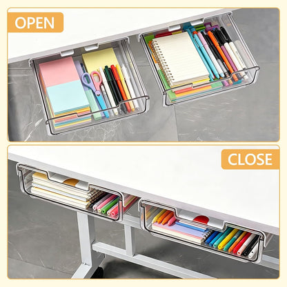 Under Desk Storage Drawers Large Self-Adhesive Easy Hidden Desktop Organizer, Attachable Clear Acrylic Storage Tray Under Table Drawer for Home Office School Counters Workstation, 2 Pack