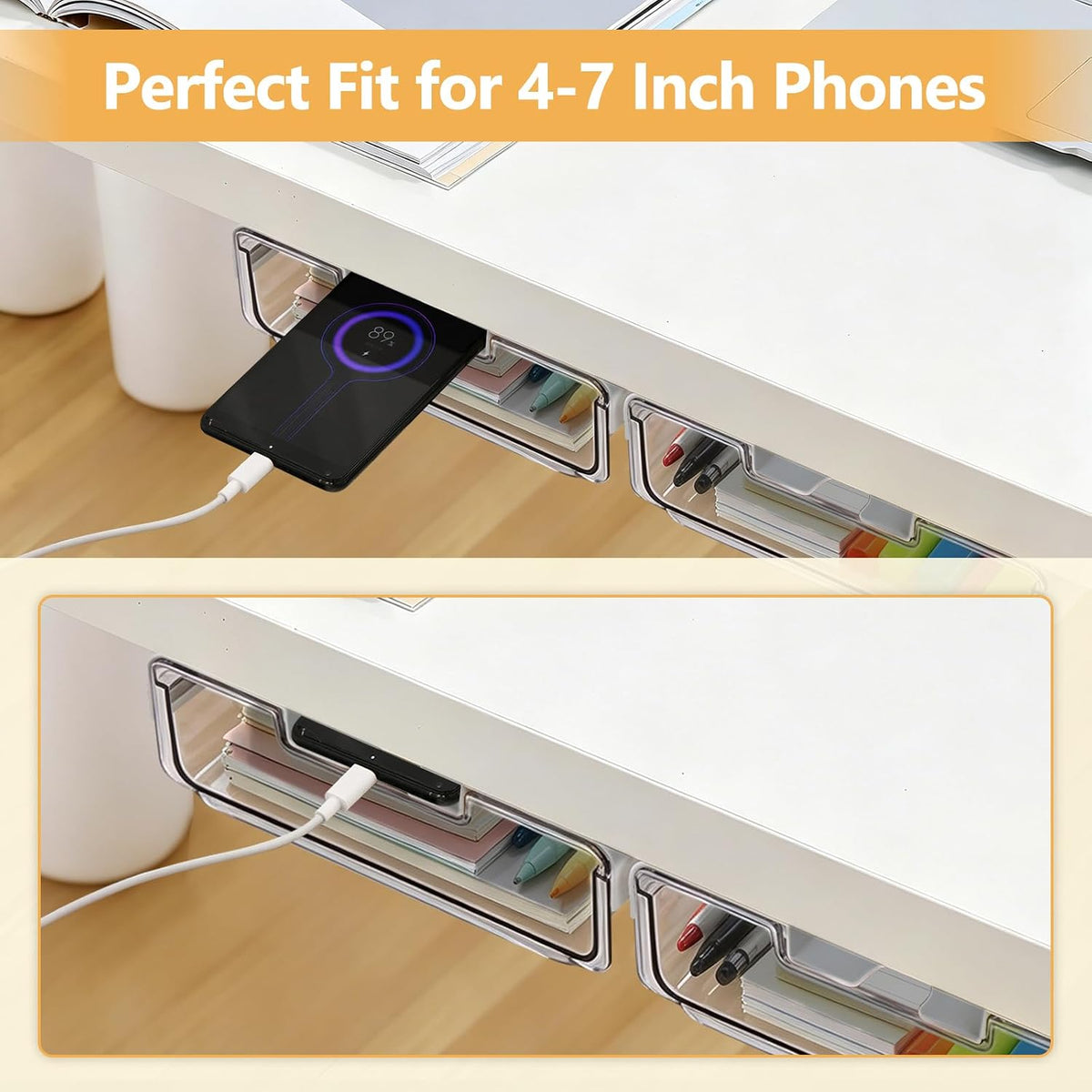 Under Desk Storage Drawers Large Self-Adhesive Easy Hidden Desktop Organizer, Attachable Clear Acrylic Storage Tray Under Table Drawer for Home Office School Counters Workstation, 2 Pack