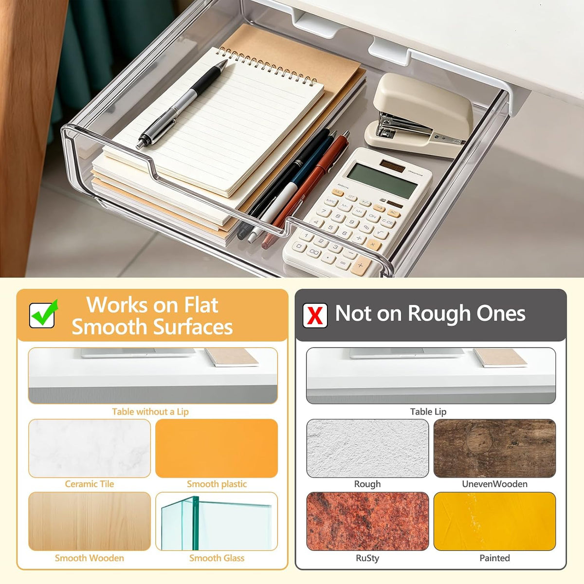 Under Desk Storage Drawers Large Self-Adhesive Easy Hidden Desktop Organizer, Attachable Clear Acrylic Storage Tray Under Table Drawer for Home Office School Counters Workstation, 2 Pack