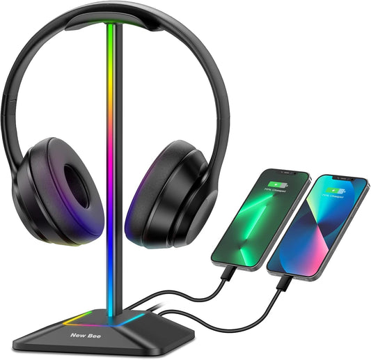 Headphone Stand with RGB Lighting, Sturdy Aluminum Gaming Headset Holder with USB-C & USB Charging Ports, Stable Desktop Earphone Stand for All Headphones Size, Black