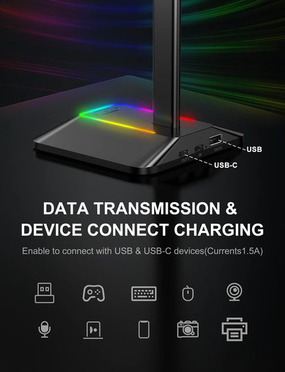 Headphone Stand with RGB Lighting, Sturdy Aluminum Gaming Headset Holder with USB-C & USB Charging Ports, Stable Desktop Earphone Stand for All Headphones Size, Black