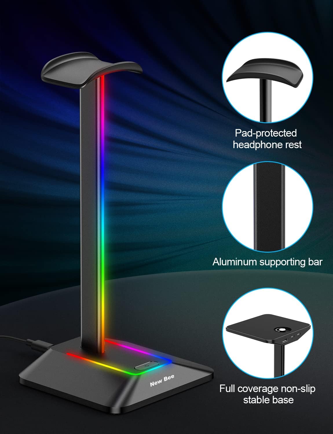 Headphone Stand with RGB Lighting, Sturdy Aluminum Gaming Headset Holder with USB-C & USB Charging Ports, Stable Desktop Earphone Stand for All Headphones Size, Black