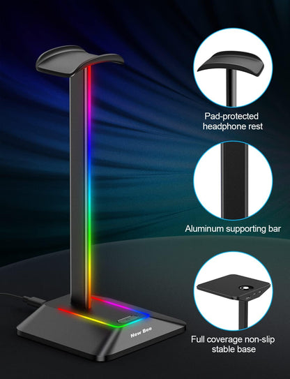 Headphone Stand with RGB Lighting, Sturdy Aluminum Gaming Headset Holder with USB-C & USB Charging Ports, Stable Desktop Earphone Stand for All Headphones Size, Black