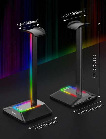 Headphone Stand with RGB Lighting, Sturdy Aluminum Gaming Headset Holder with USB-C & USB Charging Ports, Stable Desktop Earphone Stand for All Headphones Size, Black