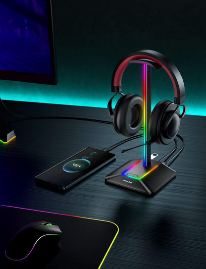 Headphone Stand with RGB Lighting, Sturdy Aluminum Gaming Headset Holder with USB-C & USB Charging Ports, Stable Desktop Earphone Stand for All Headphones Size, Black