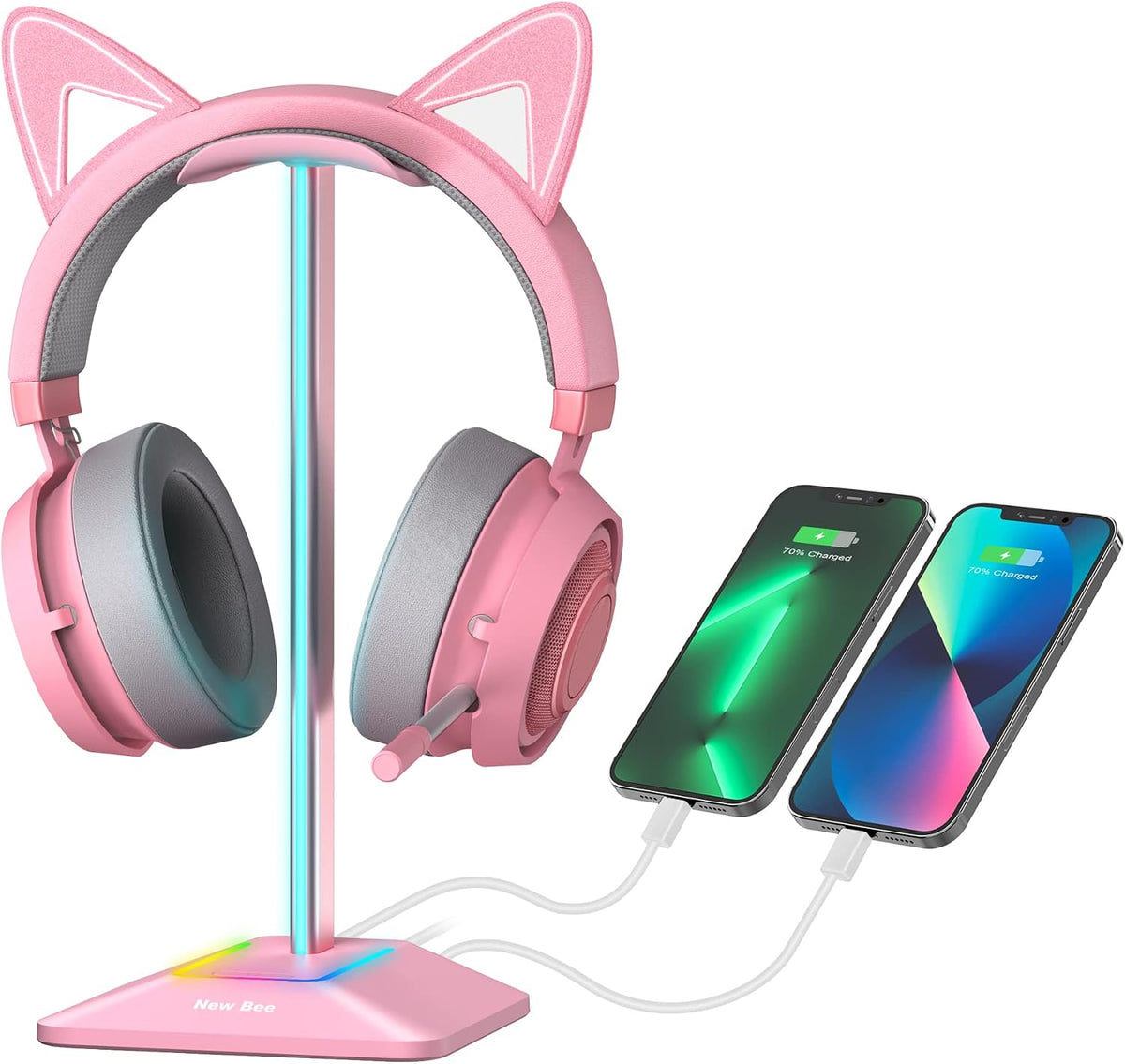 Headphone Stand with RGB Lighting, Sturdy Aluminum Gaming Headset Holder with USB-C & USB Charging Ports, Stable Desktop Earphone Stand for All Headphones Size, Black