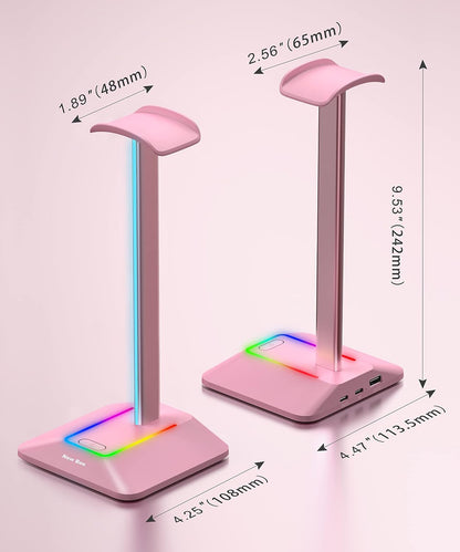 Headphone Stand with RGB Lighting, Sturdy Aluminum Gaming Headset Holder with USB-C & USB Charging Ports, Stable Desktop Earphone Stand for All Headphones Size, Black