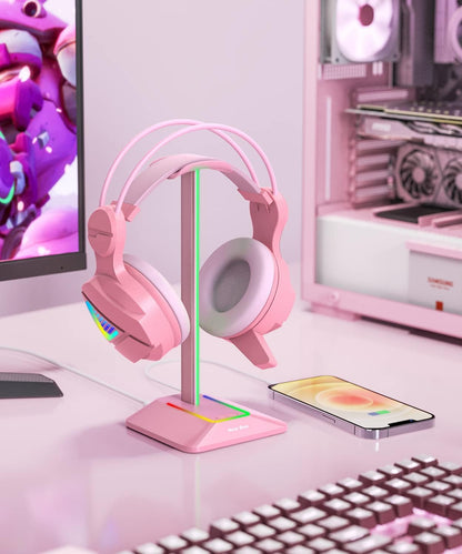Headphone Stand with RGB Lighting, Sturdy Aluminum Gaming Headset Holder with USB-C & USB Charging Ports, Stable Desktop Earphone Stand for All Headphones Size, Black