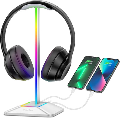 Headphone Stand with RGB Lighting, Sturdy Aluminum Gaming Headset Holder with USB-C & USB Charging Ports, Stable Desktop Earphone Stand for All Headphones Size, Black