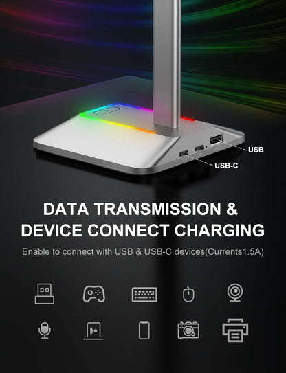 Headphone Stand with RGB Lighting, Sturdy Aluminum Gaming Headset Holder with USB-C & USB Charging Ports, Stable Desktop Earphone Stand for All Headphones Size, Black