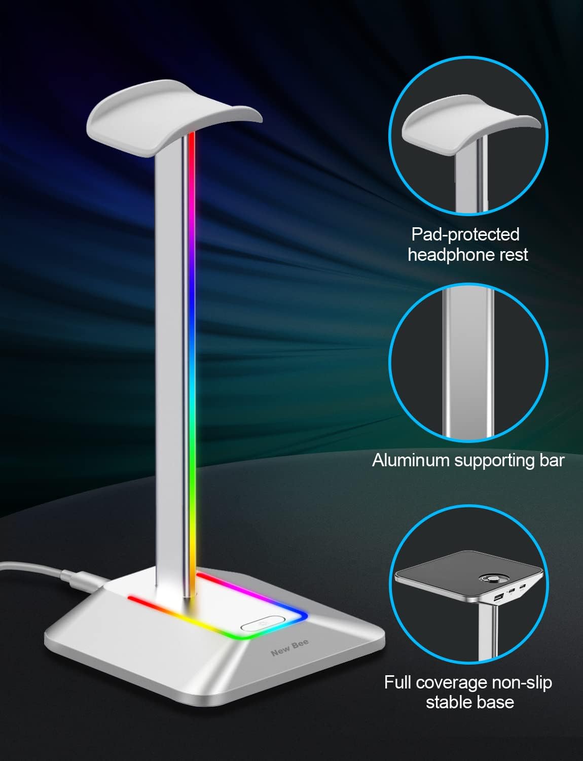 Headphone Stand with RGB Lighting, Sturdy Aluminum Gaming Headset Holder with USB-C & USB Charging Ports, Stable Desktop Earphone Stand for All Headphones Size, Black
