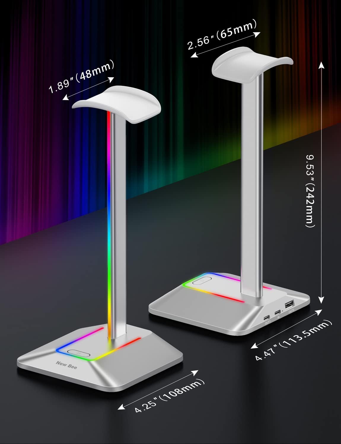 Headphone Stand with RGB Lighting, Sturdy Aluminum Gaming Headset Holder with USB-C & USB Charging Ports, Stable Desktop Earphone Stand for All Headphones Size, Black