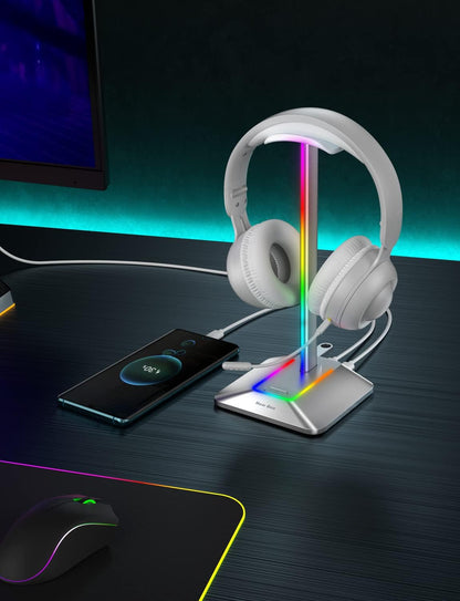 Headphone Stand with RGB Lighting, Sturdy Aluminum Gaming Headset Holder with USB-C & USB Charging Ports, Stable Desktop Earphone Stand for All Headphones Size, Black