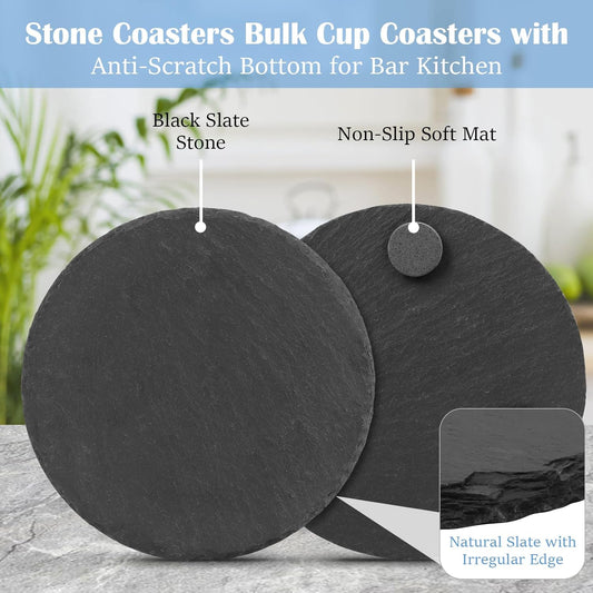 Black Nature Stone Round Coasters Set of 2, Cup Coasters Absorbent Anti-Scratch, Furniture Table Desk Drink Coaster for Office Bar Kitchen Home, Stylish Décor Protects Wood & Glass Surfaces (2 Pack)