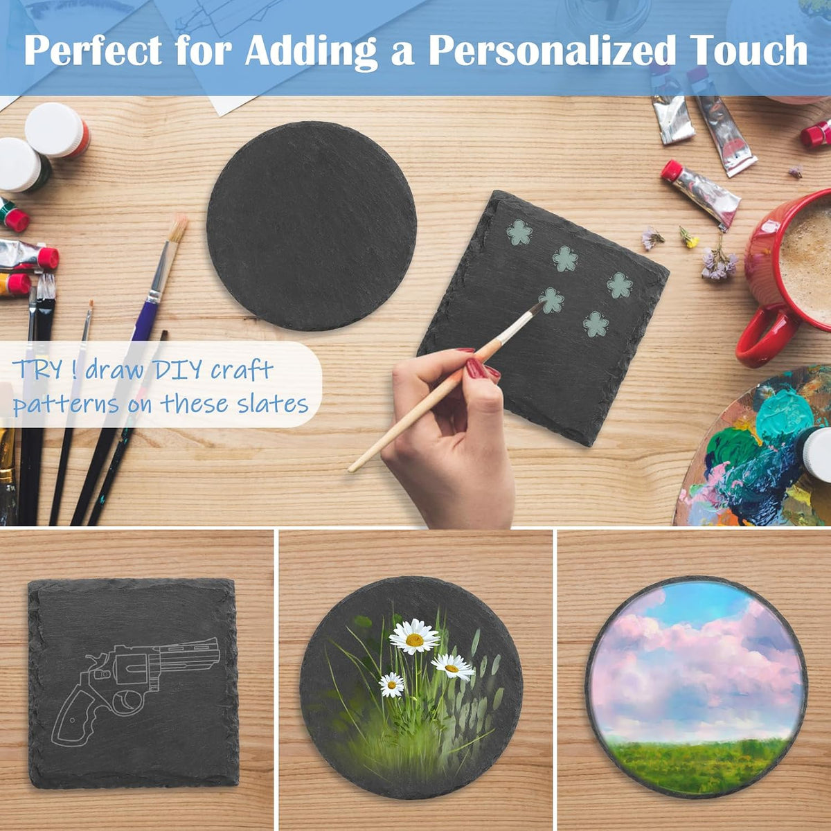 Black Nature Stone Round Coasters Set of 2, Cup Coasters Absorbent Anti-Scratch, Furniture Table Desk Drink Coaster for Office Bar Kitchen Home, Stylish Décor Protects Wood & Glass Surfaces (2 Pack)