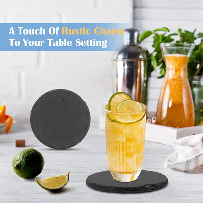 Black Nature Stone Round Coasters Set of 2, Cup Coasters Absorbent Anti-Scratch, Furniture Table Desk Drink Coaster for Office Bar Kitchen Home, Stylish Décor Protects Wood & Glass Surfaces (2 Pack)