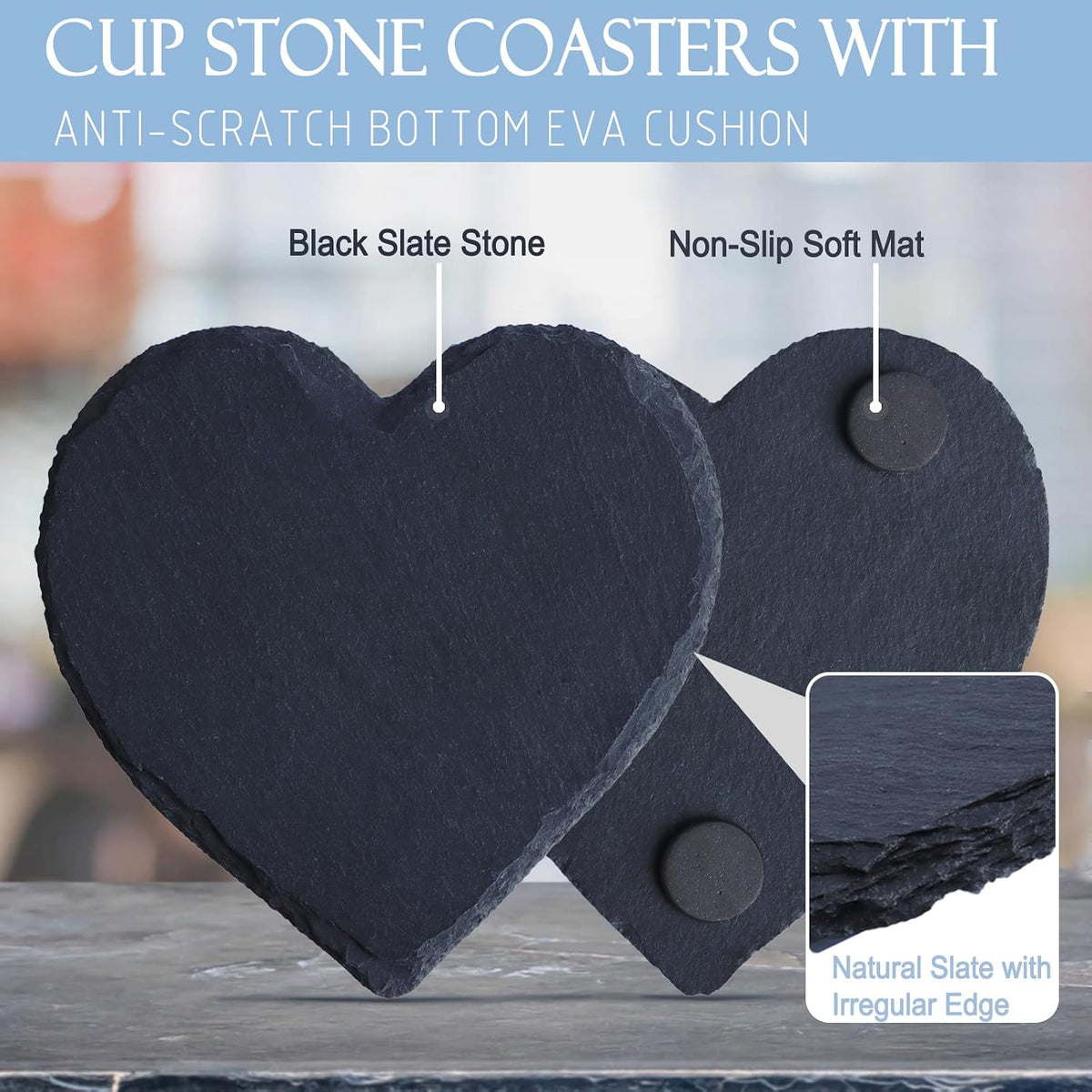 Black Nature Stone Round Coasters Set of 2, Cup Coasters Absorbent Anti-Scratch, Furniture Table Desk Drink Coaster for Office Bar Kitchen Home, Stylish Décor Protects Wood & Glass Surfaces (2 Pack)