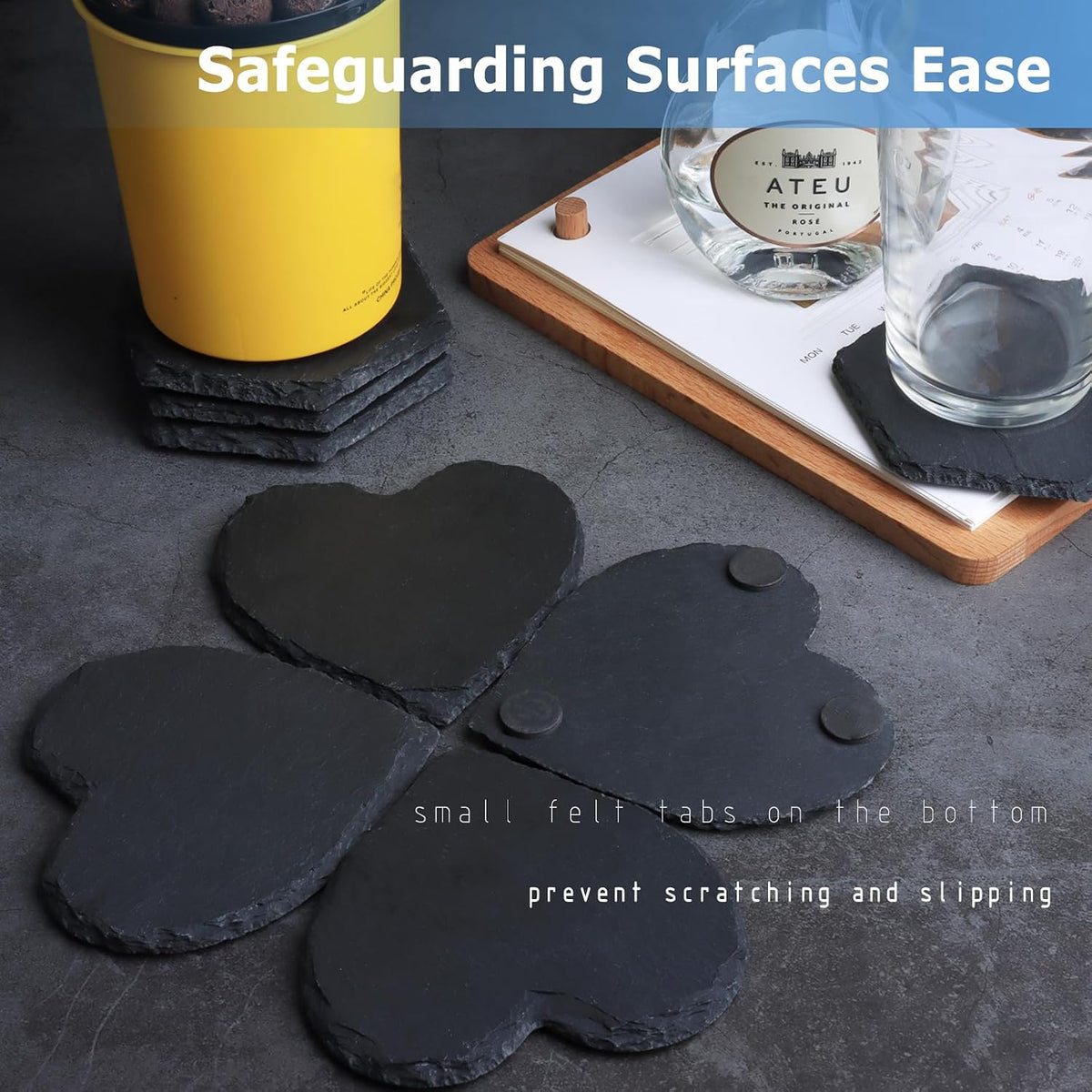 Black Nature Stone Round Coasters Set of 2, Cup Coasters Absorbent Anti-Scratch, Furniture Table Desk Drink Coaster for Office Bar Kitchen Home, Stylish Décor Protects Wood & Glass Surfaces (2 Pack)