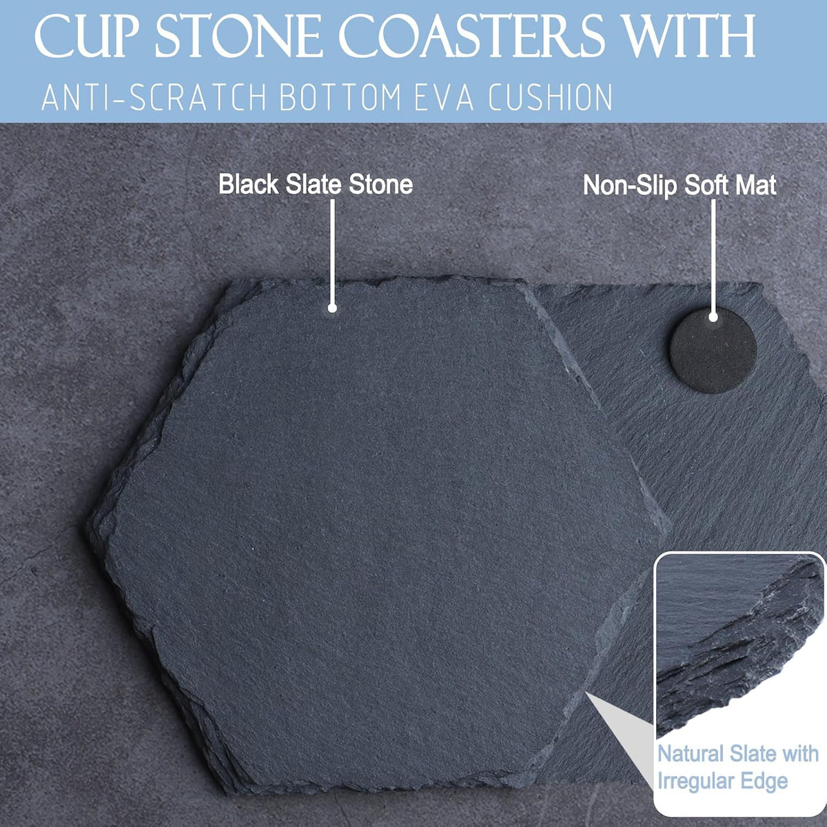 Black Nature Stone Round Coasters Set of 2, Cup Coasters Absorbent Anti-Scratch, Furniture Table Desk Drink Coaster for Office Bar Kitchen Home, Stylish Décor Protects Wood & Glass Surfaces (2 Pack)