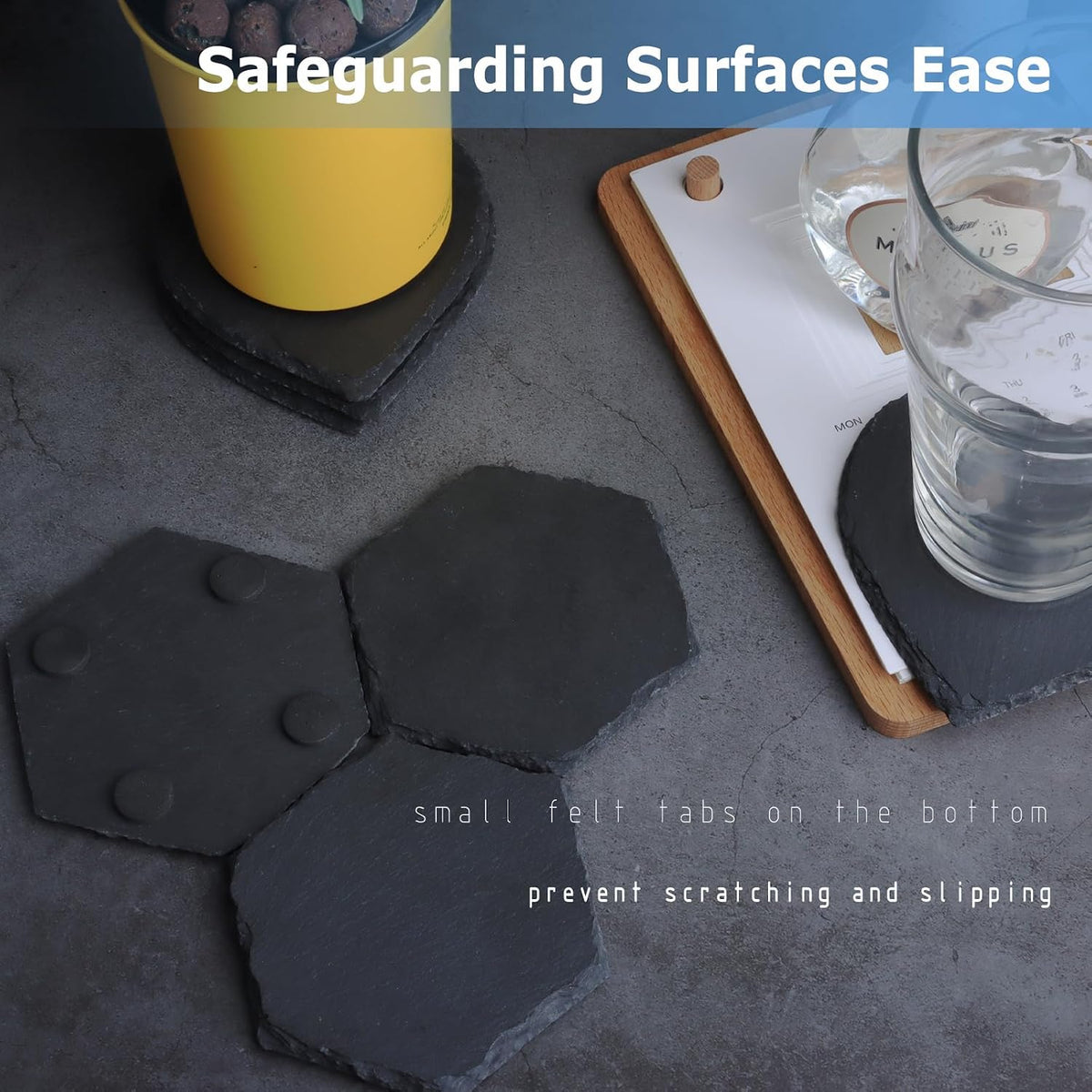 Black Nature Stone Round Coasters Set of 2, Cup Coasters Absorbent Anti-Scratch, Furniture Table Desk Drink Coaster for Office Bar Kitchen Home, Stylish Décor Protects Wood & Glass Surfaces (2 Pack)