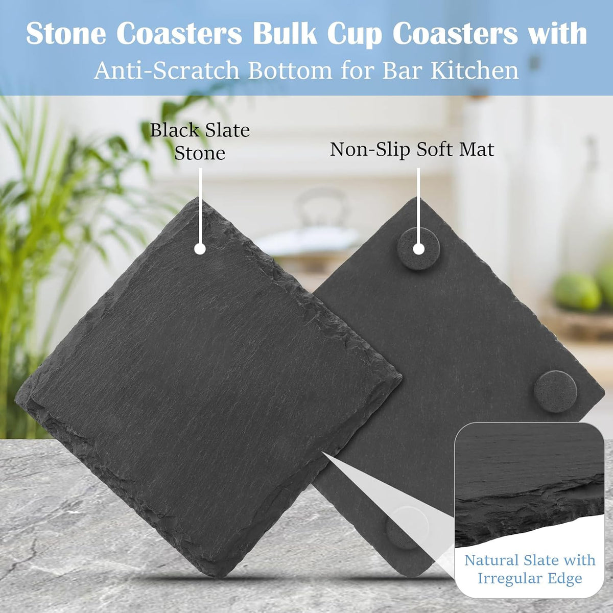 Black Nature Stone Round Coasters Set of 2, Cup Coasters Absorbent Anti-Scratch, Furniture Table Desk Drink Coaster for Office Bar Kitchen Home, Stylish Décor Protects Wood & Glass Surfaces (2 Pack)