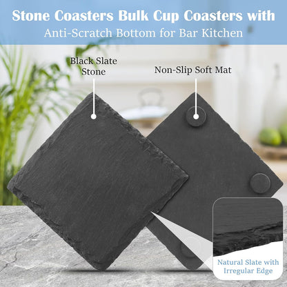 Black Nature Stone Round Coasters Set of 2, Cup Coasters Absorbent Anti-Scratch, Furniture Table Desk Drink Coaster for Office Bar Kitchen Home, Stylish Décor Protects Wood & Glass Surfaces (2 Pack)