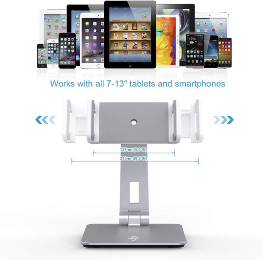 Tablet Stand Holder, Tightness Adjustable Multi-Angle Foldable Eye-Level Aluminum Solid Tablets Stands Dock for 4''-14''Tablets/Phone, iPad Series,Samsung Galaxy Tabs,Kindle Fire,Etc.